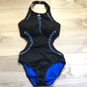 Kenneth Cole Black Blue One Piece Cutout Swimsuit S